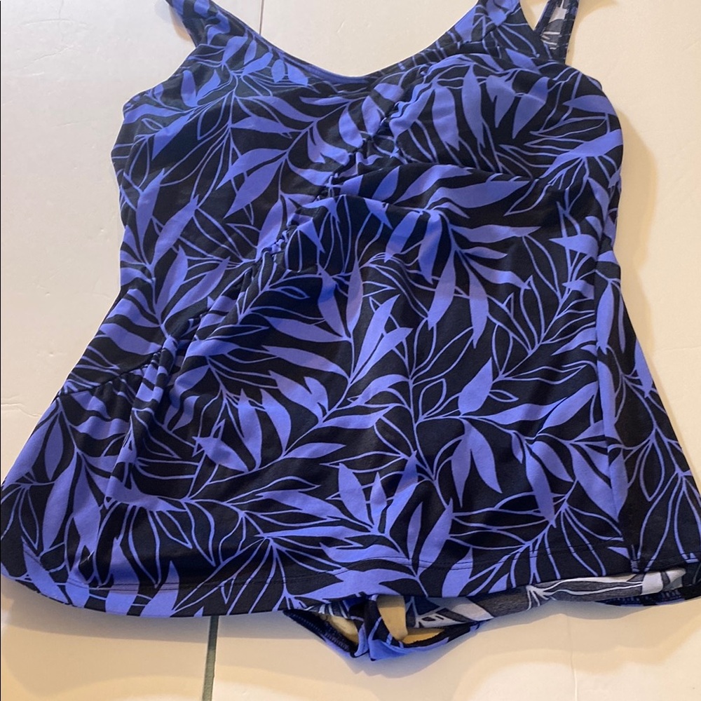 Vintage Baltex Purple & Navy Leaf Print One Piece Tummy Control Swimsuit